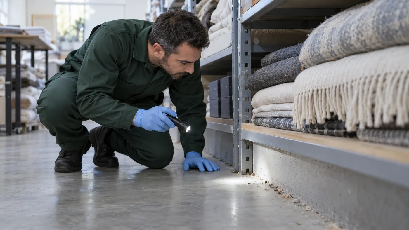 Técnico inspeccionando fibras y zócalos en un almacén textil de Granollers por posibles derméstidos