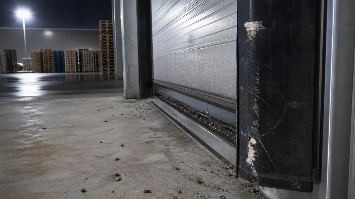 Muelle de carga nocturno con marcas junto al hueco inferior de un portón