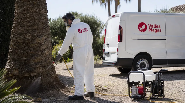 Técnicos de Vallès Plagas fumigando con equipo de protección en Granollers