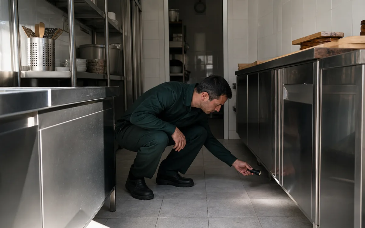 Técnico revisando posibles puntos de entrada de plagas en la cocina de un local de Granollers